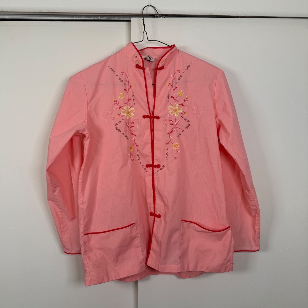 Vintage Plum Blossoms Pink Embroidered Frog Button Mandarin Collar Jacket Small